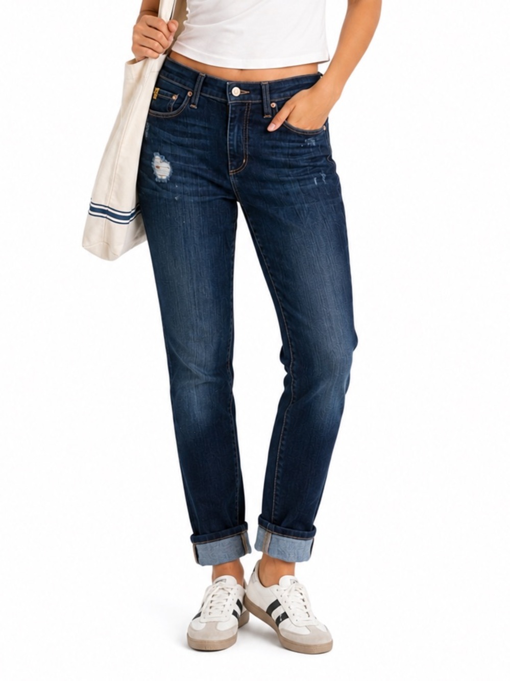 Yoga Jeans Distressed Dark Wash Mid-Rise Cuffed (or not) Denim Jeans